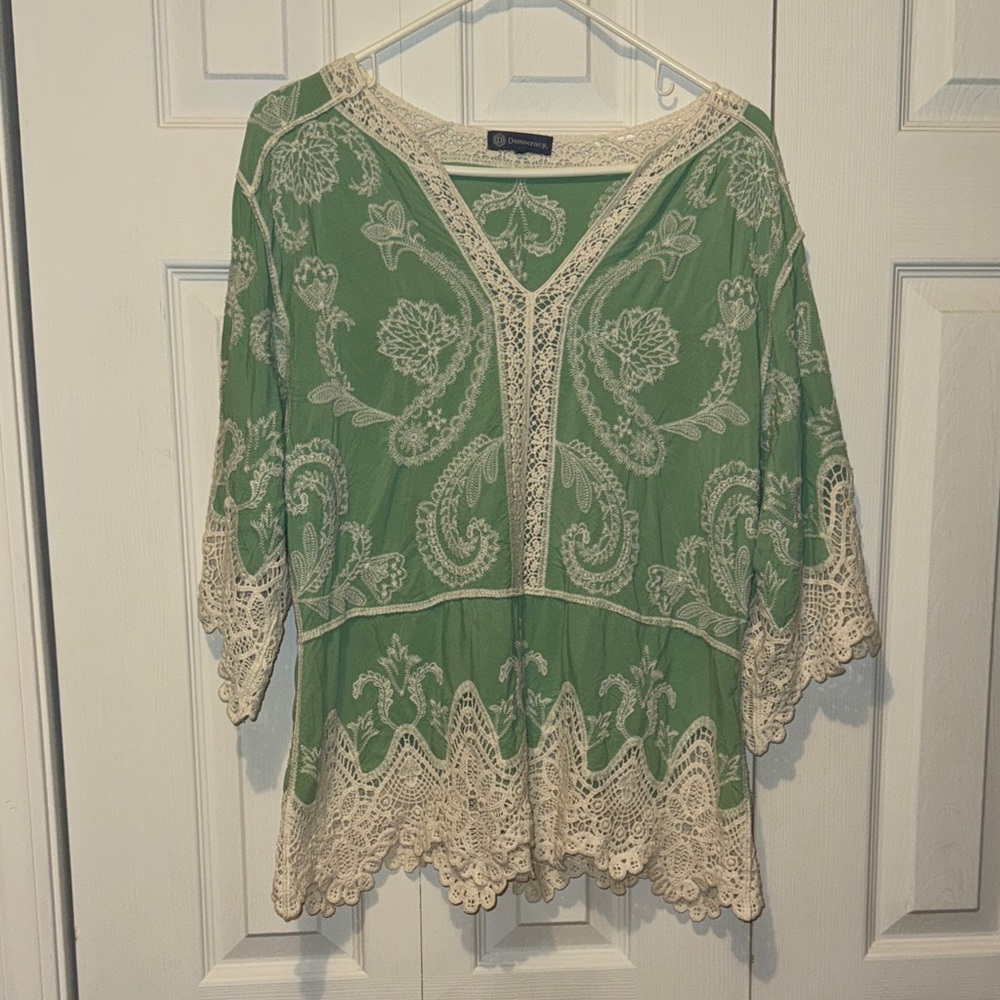 Democracy Green and Cream Lace Blouse